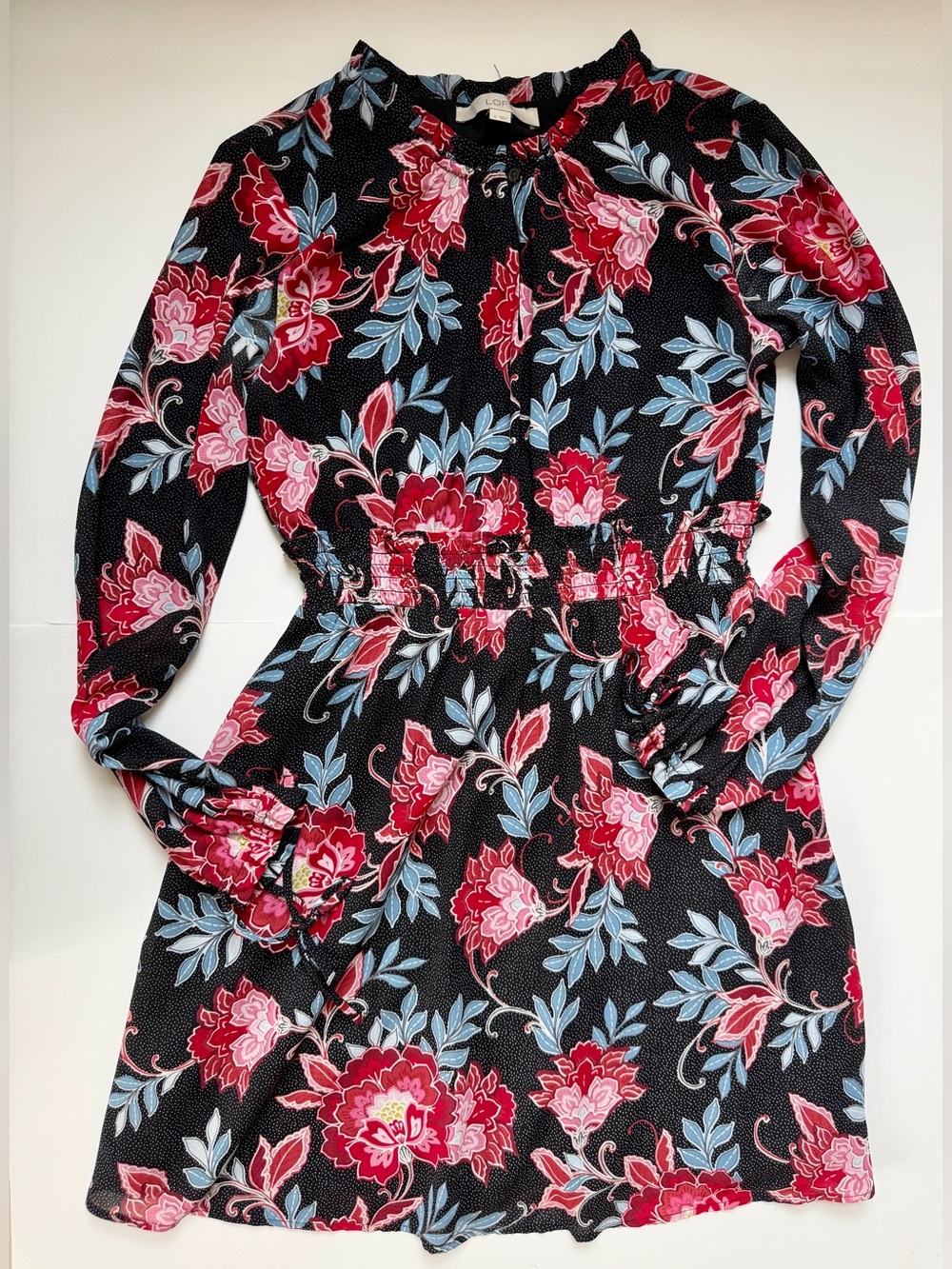 LOFT Black Floral Dot Long Sleeve Smocked Waist Dress Size 0